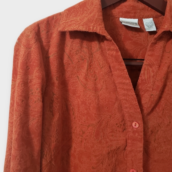 Chico's Velvet Burnout Floral Button Down Shirt Small Orange Roll Tab Whimsigoth - Picture 4 of 16